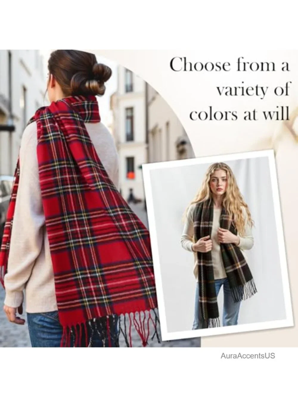 Winter Scarf for Women Cashmere Feel Long Oversized Plaid Fringe